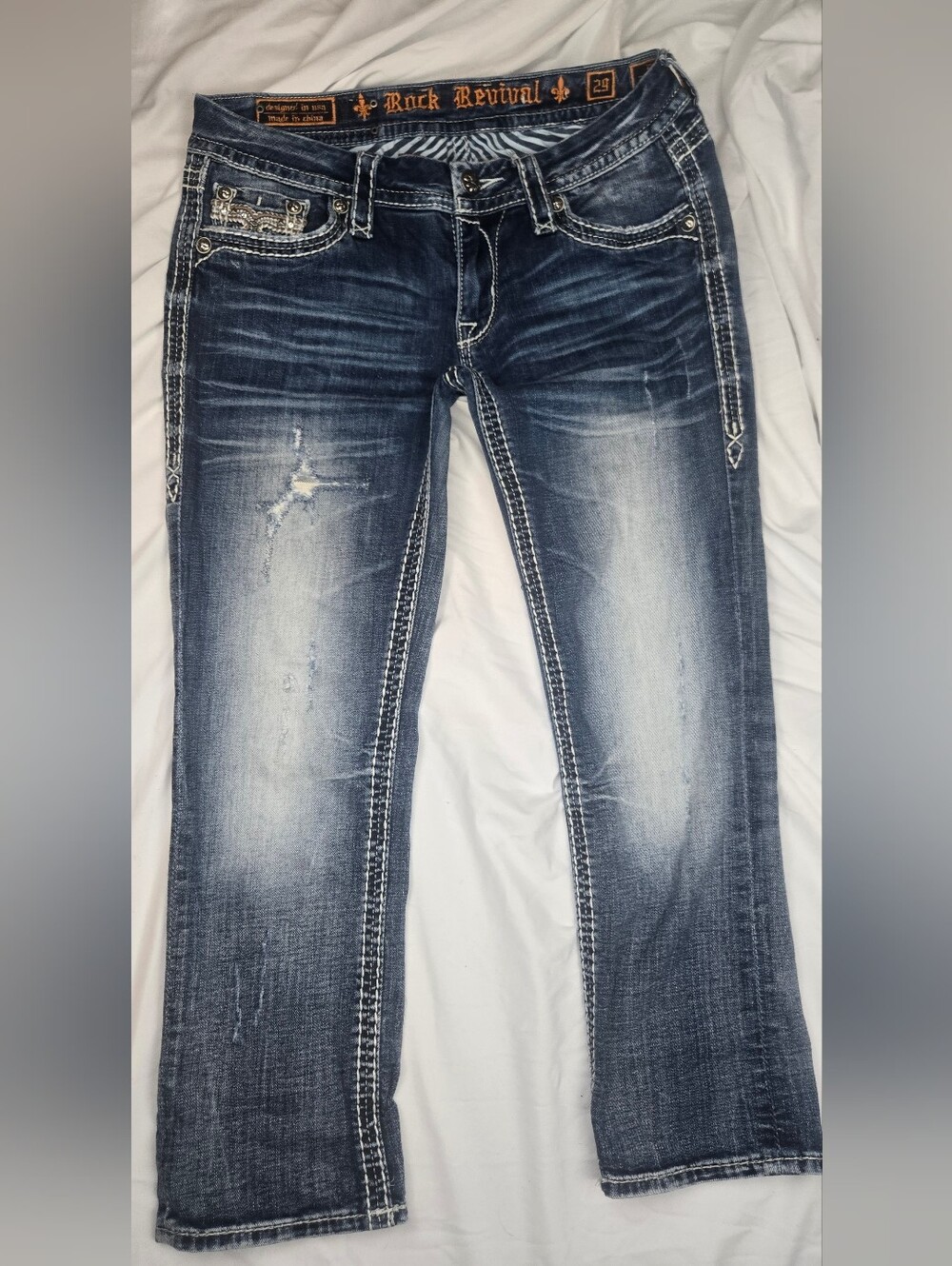 Rock Revival Elan Capri Jeans Women's Size 29 Blue Distressed Stretch Bling
